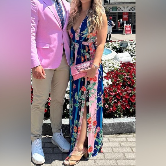 Express Printed Deep V Twist Back Maxi Dress Stripe Floral Size XS - Picture 3 of 5